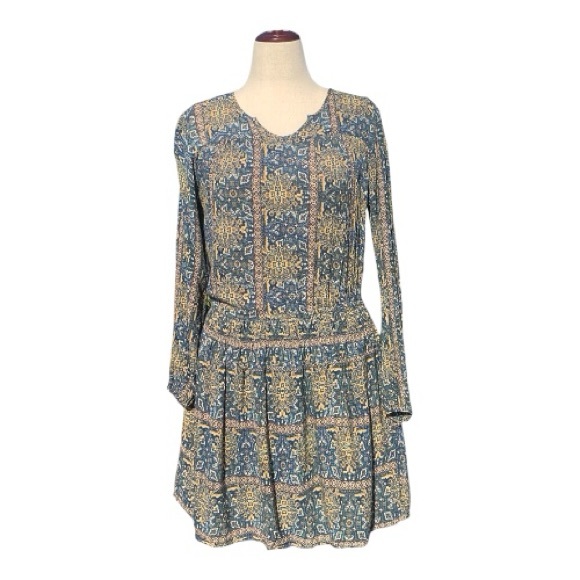 Sonoma Dresses & Skirts - Sonoma Blue Gold Long Sleeve Mini Dress Abstract Print Lightweight Size Large